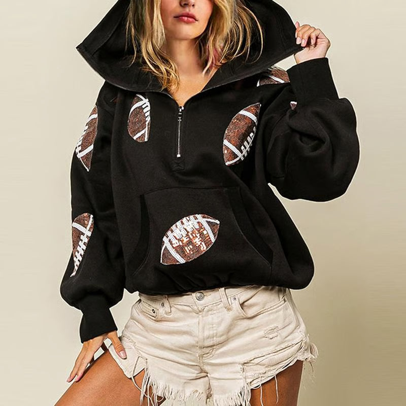🔥'Glam Kickoff' Football Game Day Long Sleeve Half-Zip Hoodie