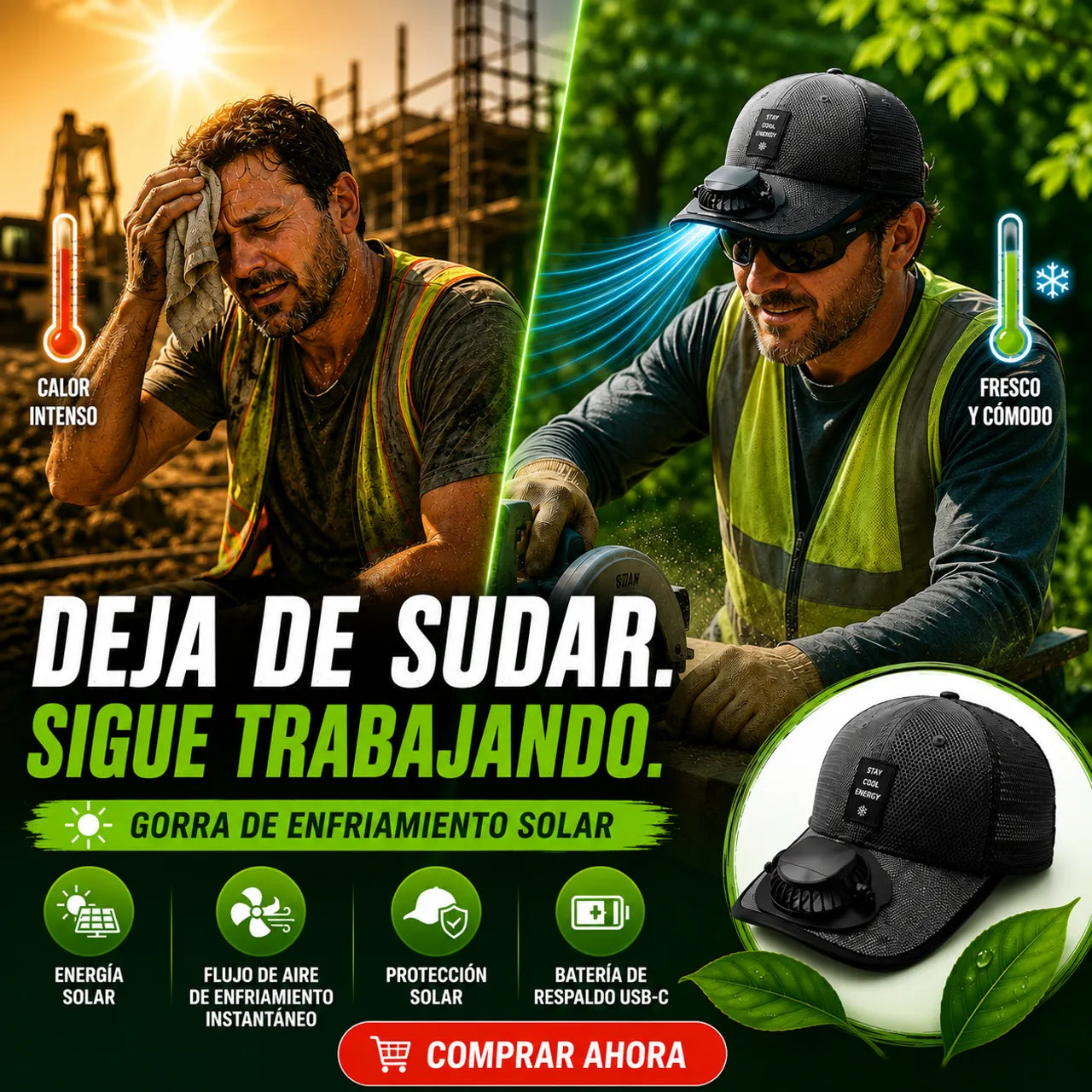 🌞Solar Fan Baseball Cap - UV Protection Wide Brim Mesh Hat with Solar & USB Power for Outdoor Heat Relief