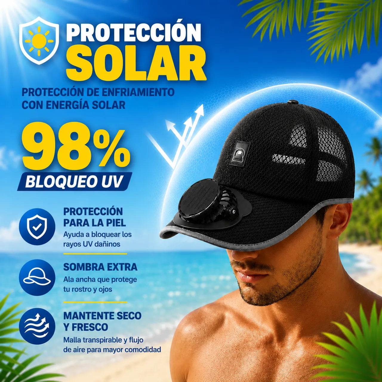 🌞Solar Fan Baseball Cap - UV Protection Wide Brim Mesh Hat with Solar & USB Power for Outdoor Heat Relief